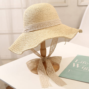 Hat female Korean version of the tide woven straw hat lace small fresh foldable sun hat sun sunscreen travel beach summer