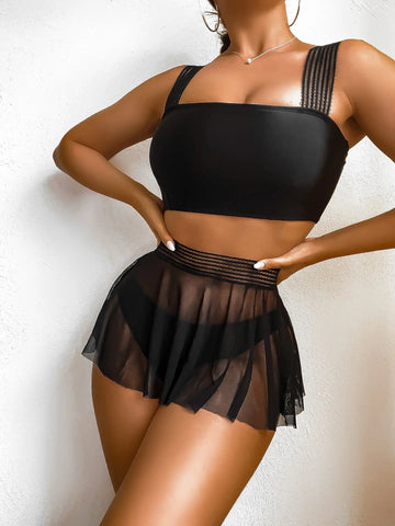 Three-piece Wide Shoulder Strap Mesh Swimsuit Swimwear