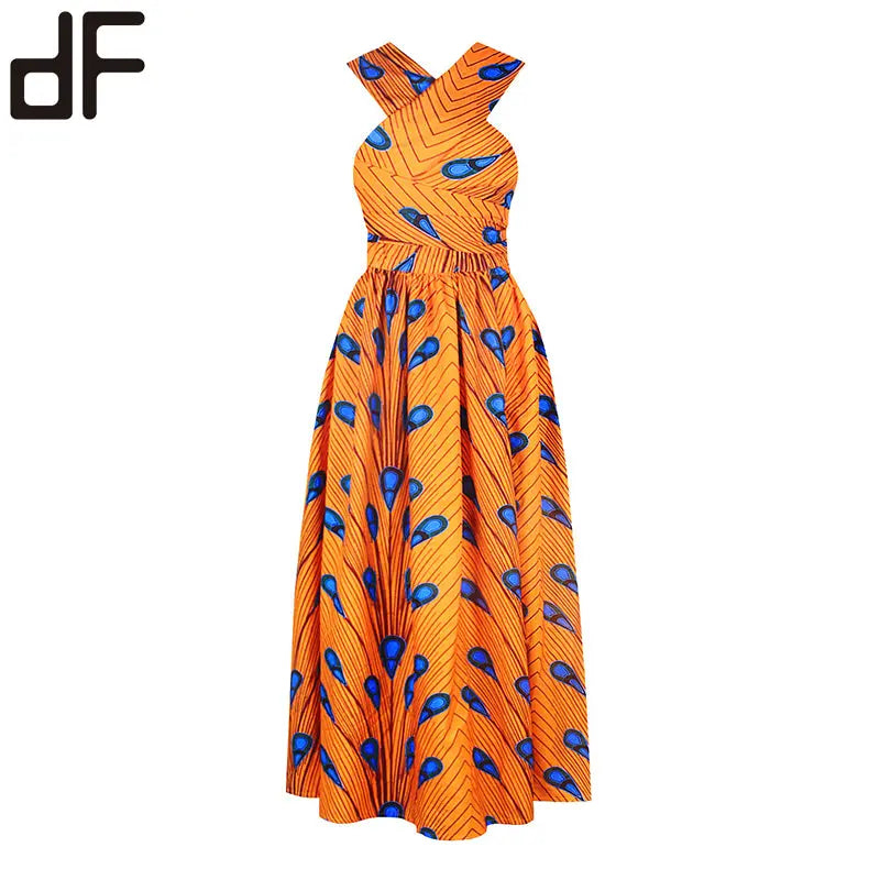 high quality wax java print ankara fabric african yellow batik print dress africa wax dress backless batik casual summer dress