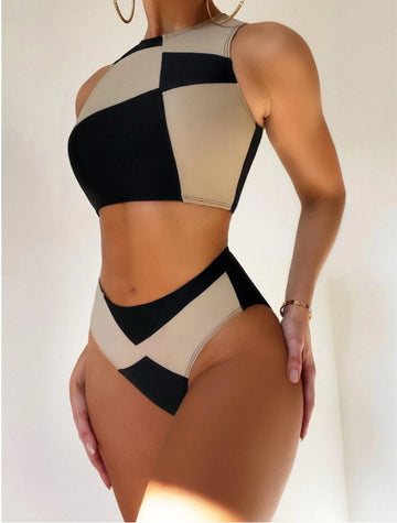 High Waist Patchwork Color Swimwear