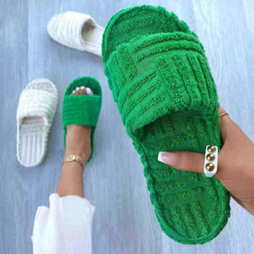 Wholesale New Embossed Towel Cotton Slippers Plus Size One Word Thick Bottom Warm Woolen Slippers Women