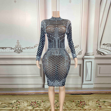 Shinny Diamond Mesh See-Through Black Dress